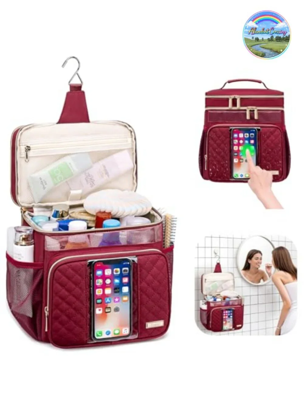 Large Toiletry Bag with Waterproof Phone Pocket, Oxford Fabric, Portable Shower
